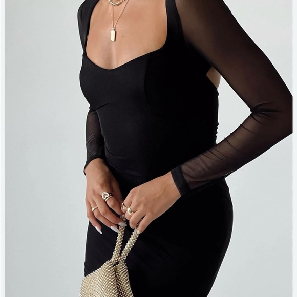 Princess Polly Dresses & Skirts - Princess Polly Black Mesh Sleeve Mini Dress Women’s Sz 4 Square Neck Open Back